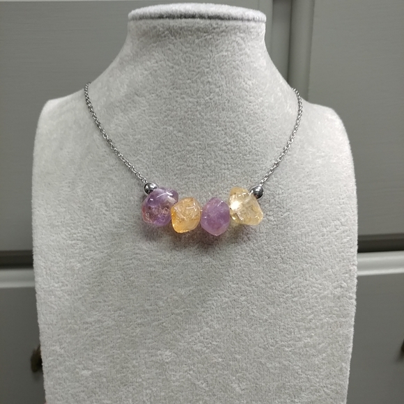Citrine Amethyst Necklace Natural Gemstone Crystal Pendant Stainless-Steel 19.5" - Picture 3 of 11
